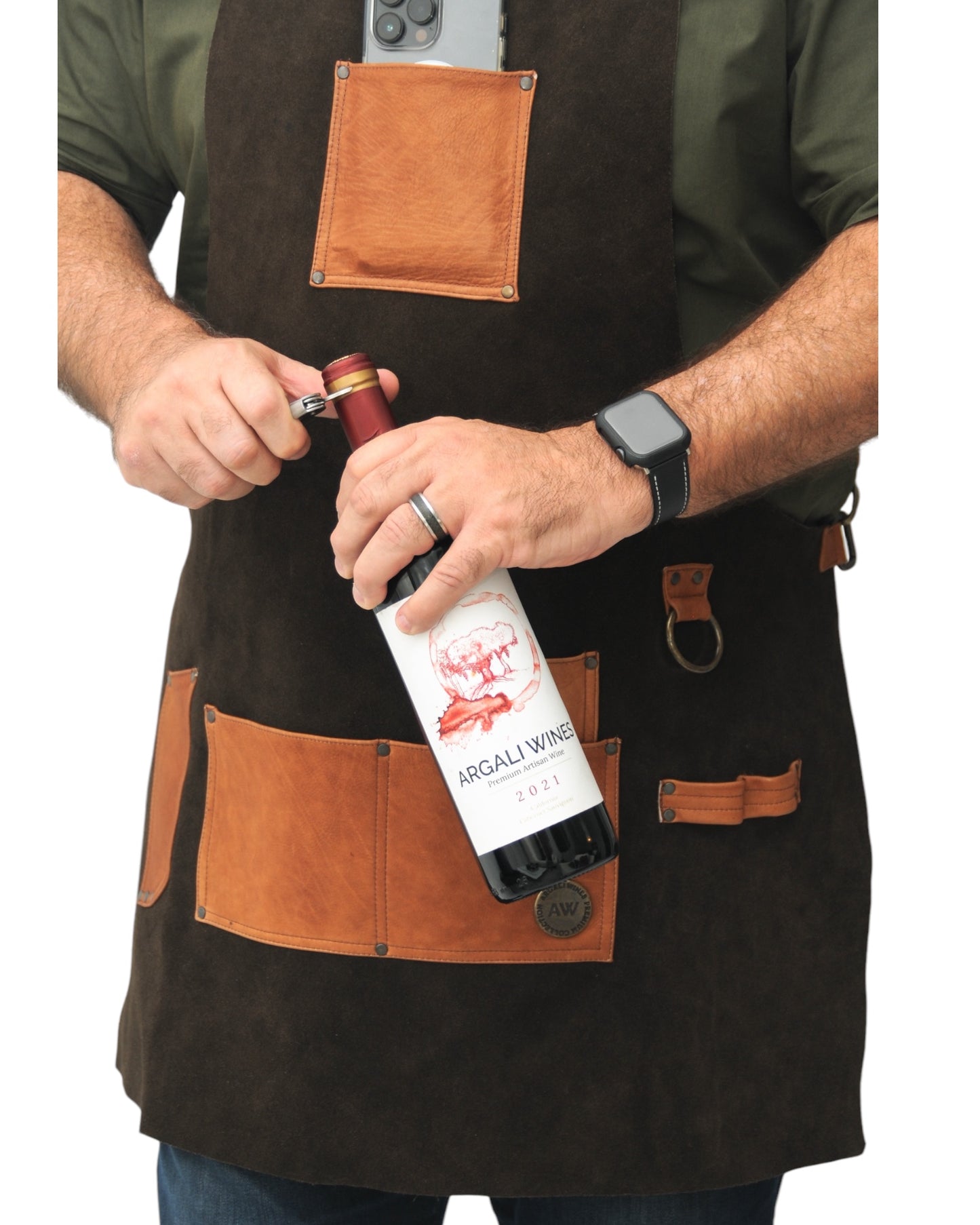 LEATHER APRON WITH POCKETS IN BROWN