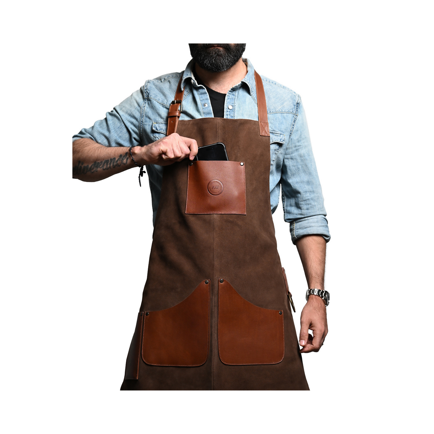 LEATHER APRON WITH POCKETS IN BROWN